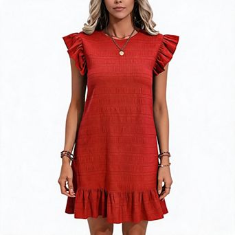 Women's Ruffle Sleeve Shift Dress, Textured Knit Casual Mini Dress with Ruffled Hem