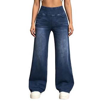Women's High Waisted Elastic Waist Wide Leg Jeans Stretchy Straight Leg Denim Pants