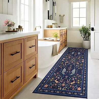 Peacock Floral Washable Rug with Non Slip Backing Low Pile Non Shedding Thin Foldable Carpet