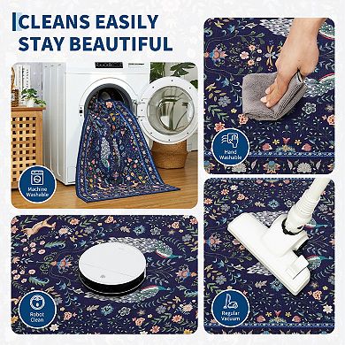 Peacock Floral Washable Rug with Non Slip Backing Low Pile Non Shedding Thin Foldable Carpet