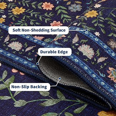 Peacock Floral Washable Rug with Non Slip Backing Low Pile Non Shedding Thin Foldable Carpet