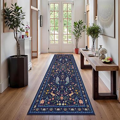 Peacock Floral Washable Rug with Non Slip Backing Low Pile Non Shedding Thin Foldable Carpet