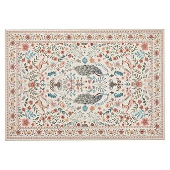 Peacock Floral Washable Rug with Non Slip Backing Low Pile Non Shedding Thin Foldable Carpet