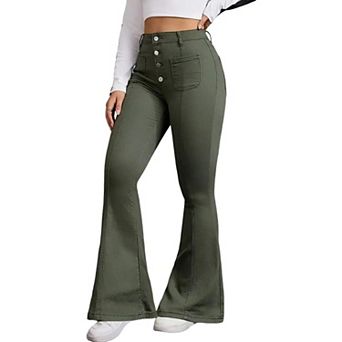 Women's High Waist Flared Jeans, Button Fly with Front Patch Pockets Denim Pants