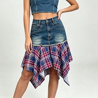 Women Patchwork Denim Plaid Skirt High Waist Raw Irregular Hem Midi Skirt