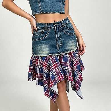 Women Patchwork Denim Plaid Skirt High Waist Raw Irregular Hem Midi Skirt