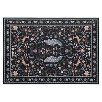 Peacock Floral Washable Rug with Non Slip Backing Low Pile Non Shedding Thin Foldable Carpet