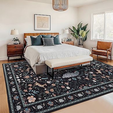 Peacock Floral Washable Rug with Non Slip Backing Low Pile Non Shedding Thin Foldable Carpet