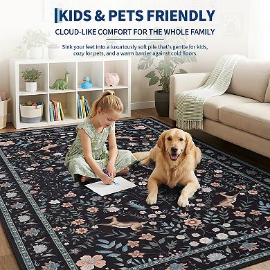Peacock Floral Washable Rug with Non Slip Backing Low Pile Non Shedding Thin Foldable Carpet