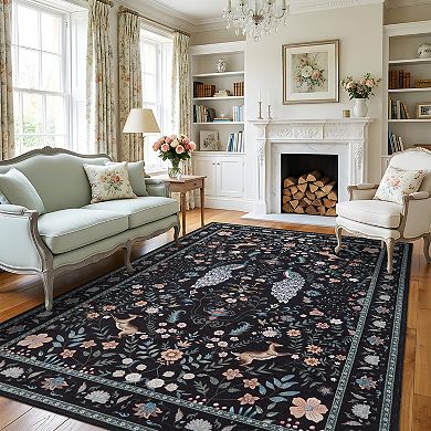 Peacock Floral Washable Rug with Non Slip Backing Low Pile Non Shedding Thin Foldable Carpet