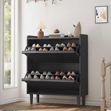 2-Drawer Flip-Down Shoe Storage Cabinet with Adjustable Shelves