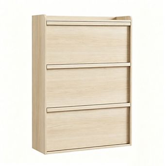 Slim Wooden Entryway Shoe Cabinet, 3 Flip-Drawer Hidden Shoe Organizer with Adjustable Shelves