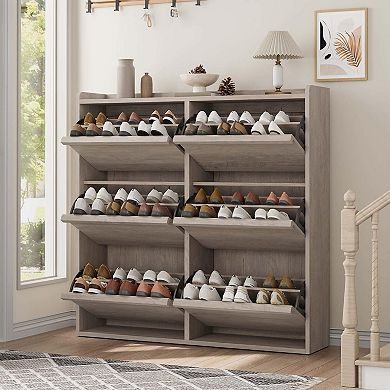 Wooden Shoe Cabinet with Adjustable Shelf, 6 Flip Drawer