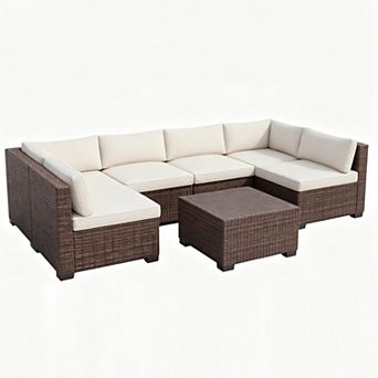 7 pc Outdoor Patio Sofa with Cushions & table, Outdoor Conversation Furniture set