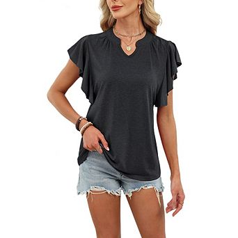 Women's Casual V Neck Short Sleeve Elegant Ruffled Sleeve Loose Top