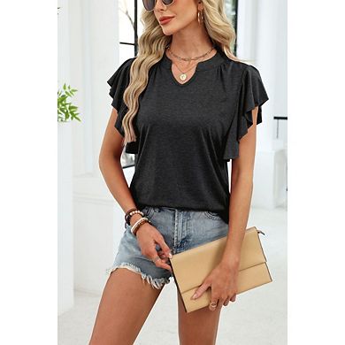 Women's Casual V Neck Short Sleeve Elegant Ruffled Sleeve Loose Top