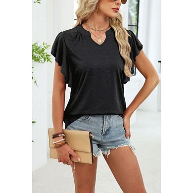 Women's Casual V Neck Short Sleeve Elegant Ruffled Sleeve Loose Top