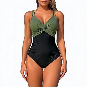 One Piece Bathing Suit for Womens Twist Front Spaghetti Strap Ruched Tummy Control Bathing Suit