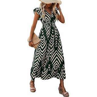 Women's wrap dress V neck elegant style printed short sleeves tie waist herringbone pattern dress