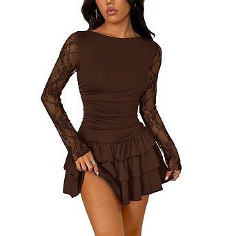Women's lace long sleeved mini dress with pleated ruffles and a fitted waist