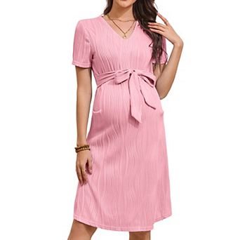 Women's Maternity Dress V-Neck Short Sleeve Ripple Jacquard Large Swing Midi Dress with Tie Waist
