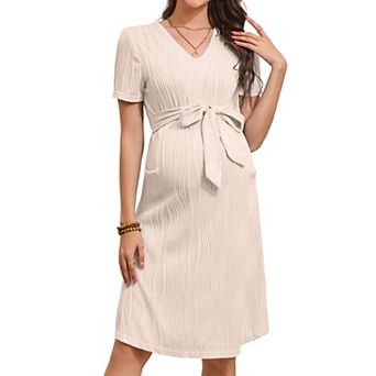 Women's Maternity Dress V-Neck Short Sleeve Ripple Jacquard Large Swing Midi Dress with Tie Waist