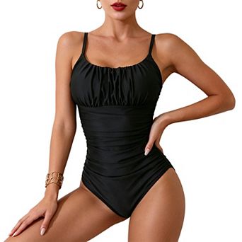 One Piece Bathing Suit for Women Ruched Swimsuit Adjustable Spaghetti Straps Tummy Control Swimwear