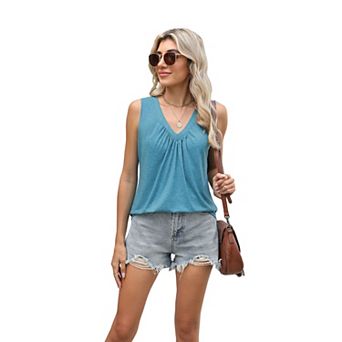 Women's Sleeveless V-Neck Pleated Casual Tank Shirt