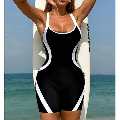 Women's Colorblock One-Piece Swimsuit, Boyleg Racerback Full Coverage Bathing Suit
