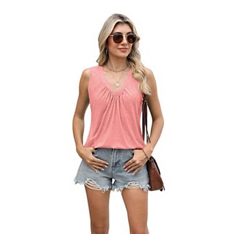 Women's Casual V-Neck Pleated Sleeveless Tank Top