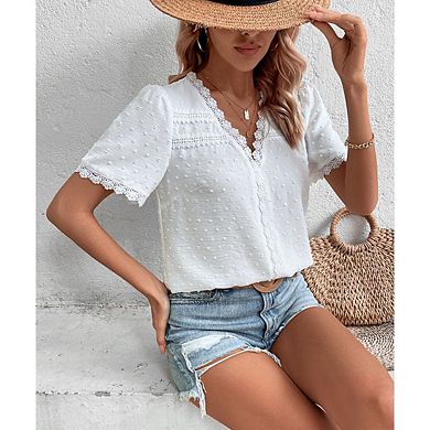 Women's Lace Trim V-Neck Swiss Dot Short Sleeve Summer Blouse