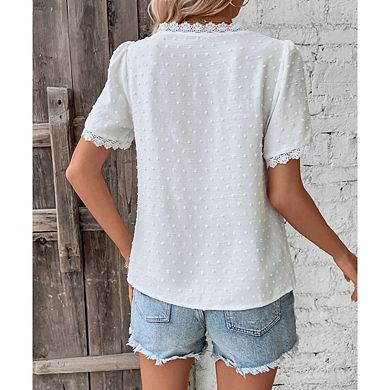 Women's Lace Trim V-Neck Swiss Dot Short Sleeve Summer Blouse