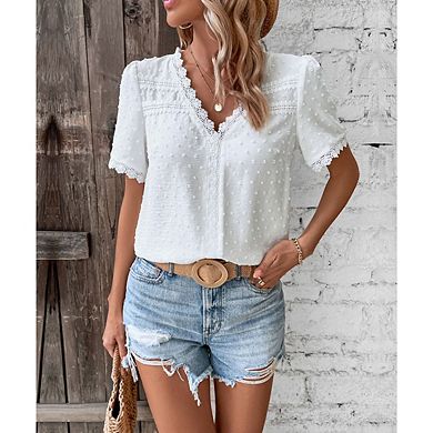 Women's Lace Trim V-Neck Swiss Dot Short Sleeve Summer Blouse