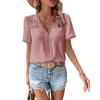 Women's Lace Trim V-Neck Swiss Dot Short Sleeve Summer Blouse