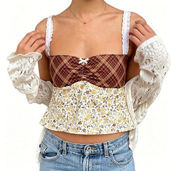 Women's Floral Print Lace Strap Cami Top, Sweetheart Neck Ruched Waist Peplum Blouse