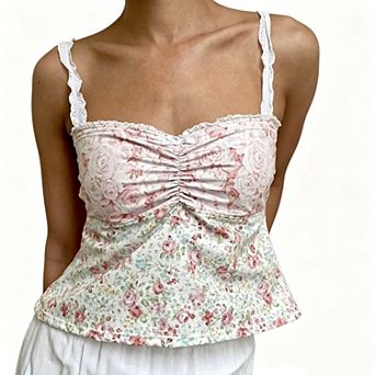 Women's Floral Print Lace Strap Cami Top, Sweetheart Neck Ruched Waist Peplum Blouse