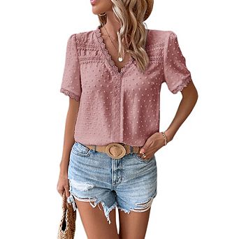 Women's V-Neck Swiss Dot Lace Trim Short Sleeve Blouse