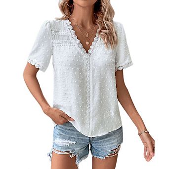 Women's V-Neck Swiss Dot Lace Trim Short Sleeve Blouse