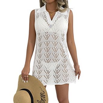 Hollow Out Knit Beach Cover Up for Women Sleeveless Polo Neck Mini Dress