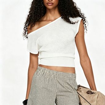 Women's Asymmetrical Off-Shoulder Knit Top, Boat Neck Openwork Ribbed Waist Blouse