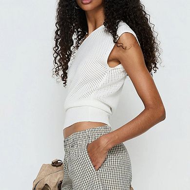Women's Asymmetrical Off-Shoulder Knit Top, Boat Neck Openwork Ribbed Waist Blouse