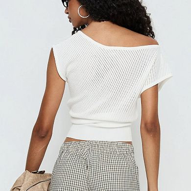 Women's Asymmetrical Off-Shoulder Knit Top, Boat Neck Openwork Ribbed Waist Blouse