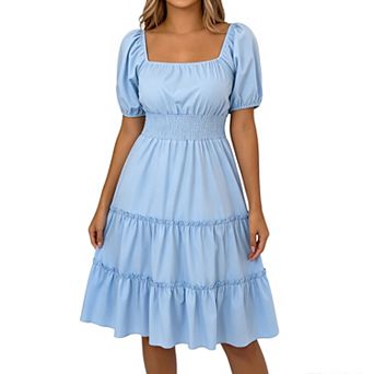 Women's Square Neck Puff Sleeve Tiered Midi Dress Smocked Waist Ruffle Flowy Dress
