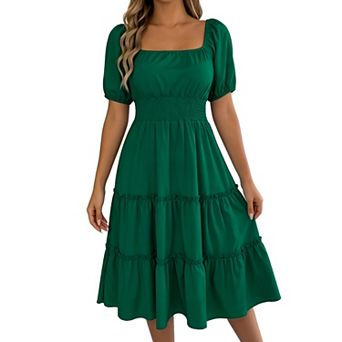Women's Square Neck Puff Sleeve Tiered Midi Dress Smocked Waist Ruffle Flowy Dress