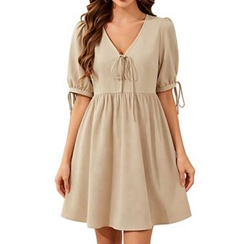 Women's V Neck Puff Sleeve Babydoll Dress Tie Front Casual Flowy Short Dress