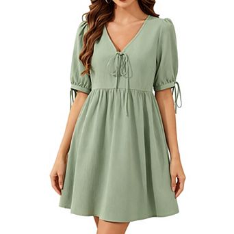 Women's V Neck Puff Sleeve Babydoll Dress Tie Front Casual Flowy Short Dress