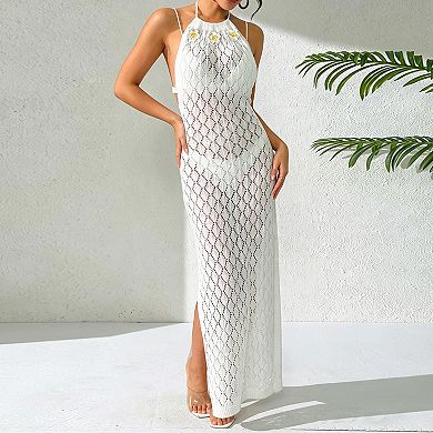 Women's Crochet Knit Halter Backless Maxi Dress Beach Cover Up with Side Slit
