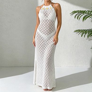 Women's Crochet Knit Halter Backless Maxi Dress Beach Cover Up with Side Slit