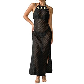 Women's Crochet Knit Halter Backless Maxi Dress Beach Cover Up with Side Slit