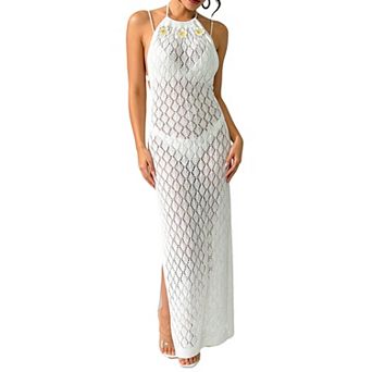 Women's Crochet Knit Halter Backless Maxi Dress Beach Cover Up with Side Slit